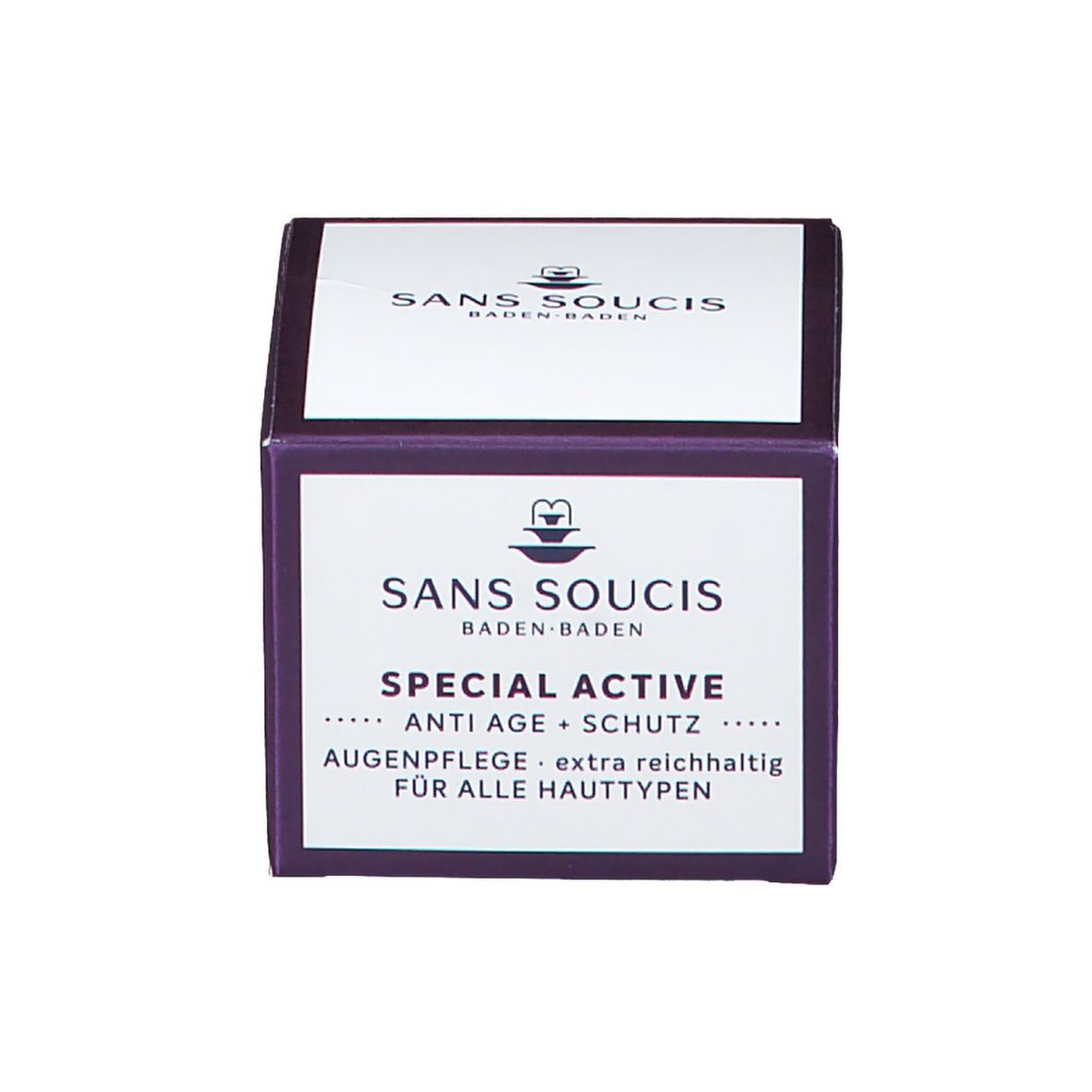 Boîte violette. Inscription: SANS SOUCIS, ANTI AGE + SCHUTZ, AUGENPFLEGE.