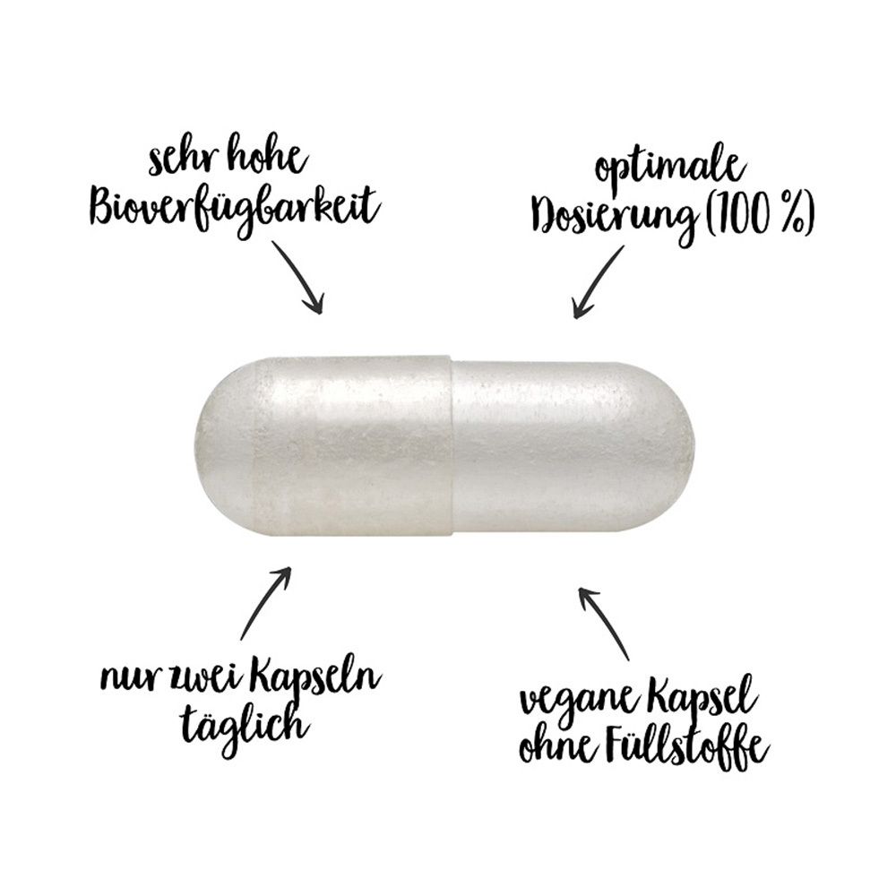 Une gélule avec flèches et texte: "très haute biodisponibilité", "dosage optimal", "seulement deux gélules par jour", "gélule végétalienne".