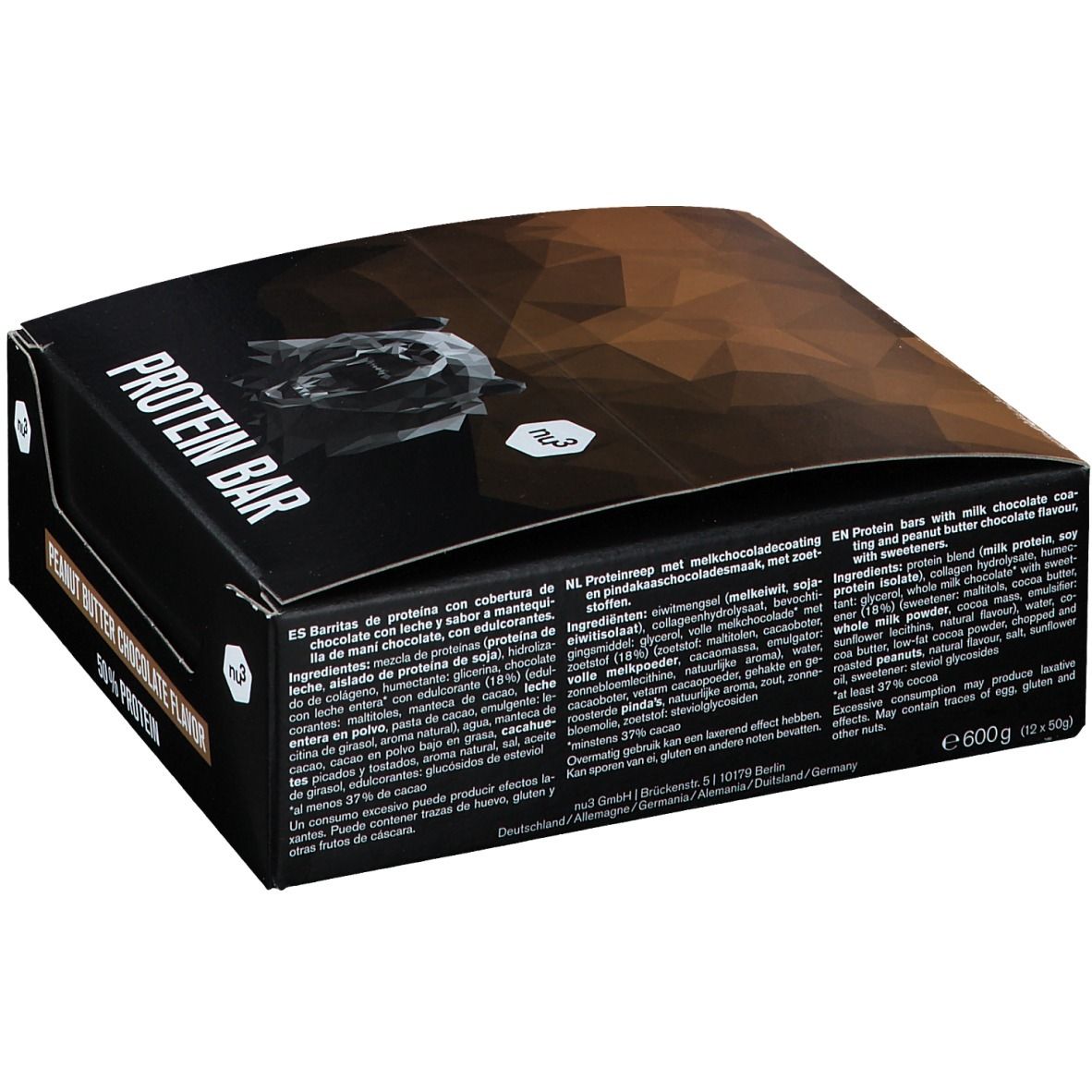 Emballage avec textes en plusieurs langues. Contient des informations sur les ingrédients et les valeurs nutritionnelles. Marque : nu3. Inscription : "PROTEIN BAR".