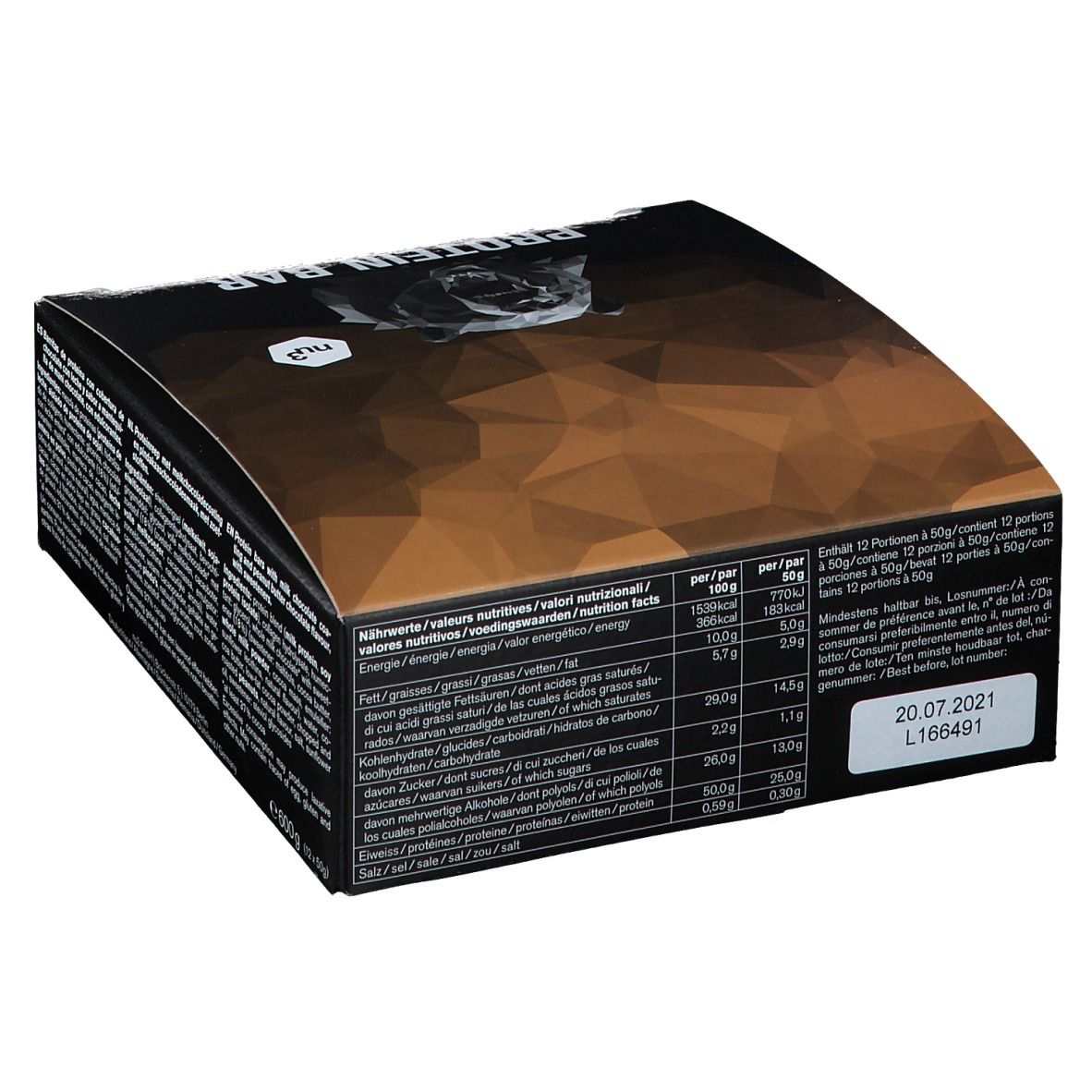 Emballage avec informations nutritionnelles. Contient des informations par portion. Marque : nu3. Inscription : "PROTEIN BAR".
