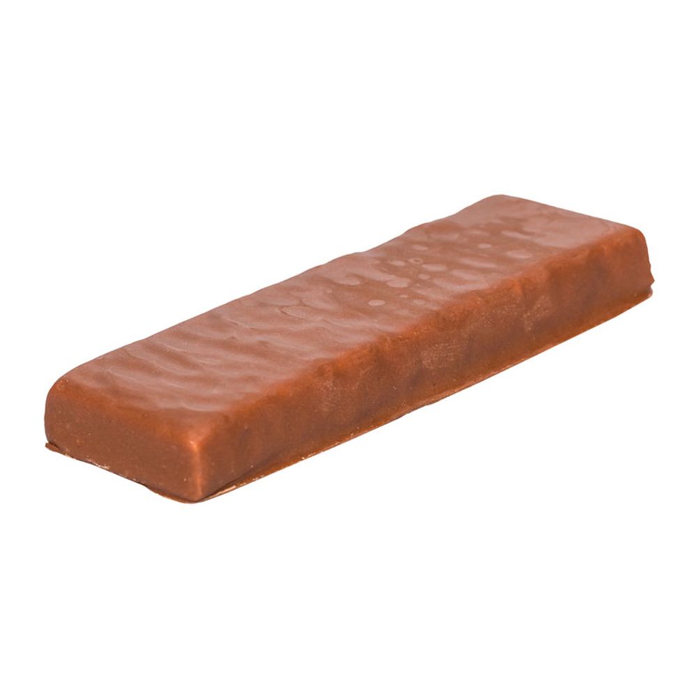 Barre protéinée rectangulaire marron. Surface lisse et brillante.
