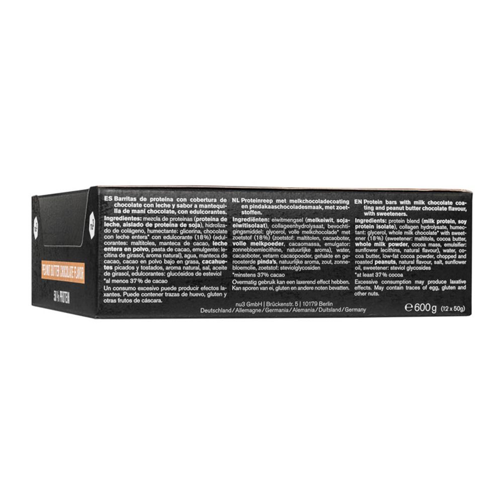Boîte avec le logo et l'inscription PROTEIN BAR. Marque: nu3.
