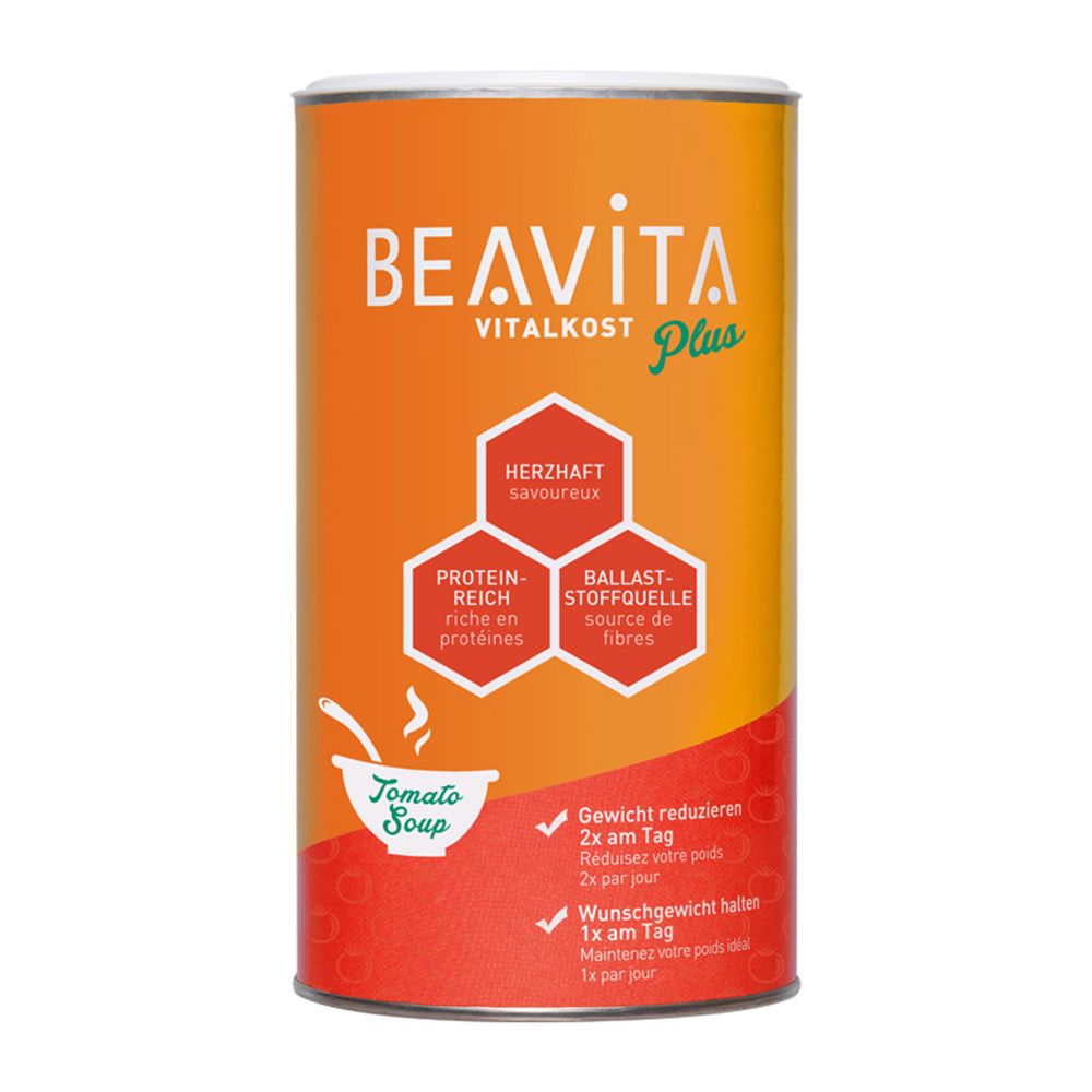 Boîte cylindrique BEAVITA Vitalkost Plus Tomatensuppe. Étiquette orange et blanche avec informations et logo. Contient protéines et fibres.