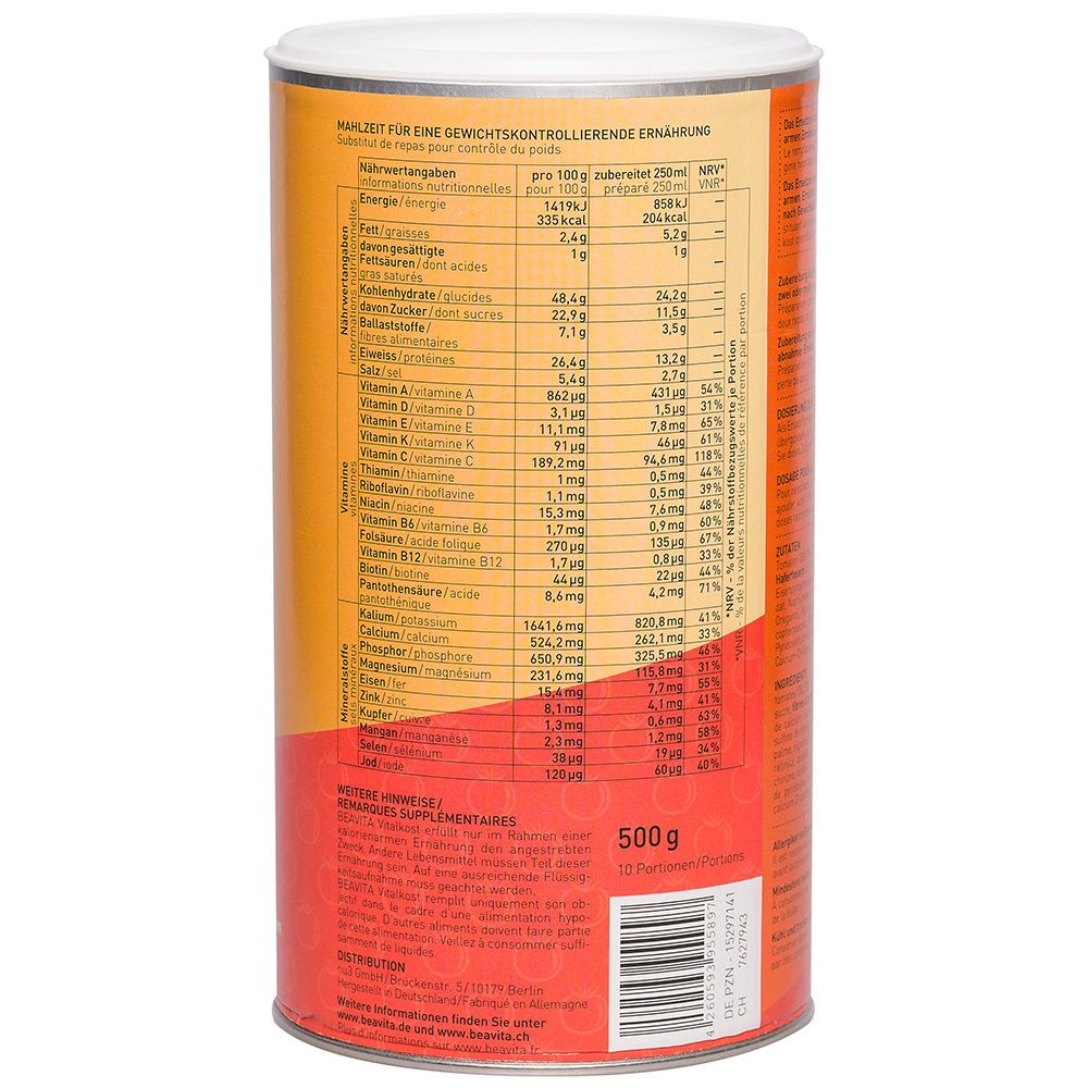 Dos de la boîte BEAVITA Vitalkost Plus Tomatensuppe. Contient informations nutritionnelles, liste des ingrédients et instructions en plusieurs langues.