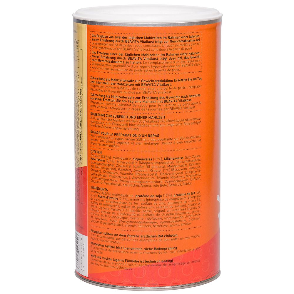 Dos de la boîte BEAVITA Vitalkost Plus Tomatensuppe. Contient instructions de préparation et ingrédients. Texte en plusieurs langues.