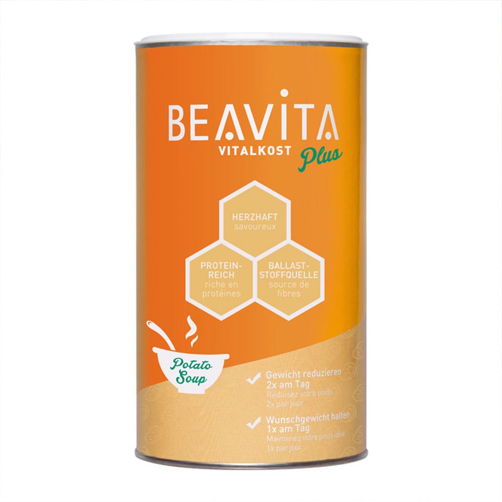 Boîte cylindrique de BEAVITA Vitalkost Plus Soupe de pommes de terre. Fond orange, texte blanc. Contient protéines, fibres.