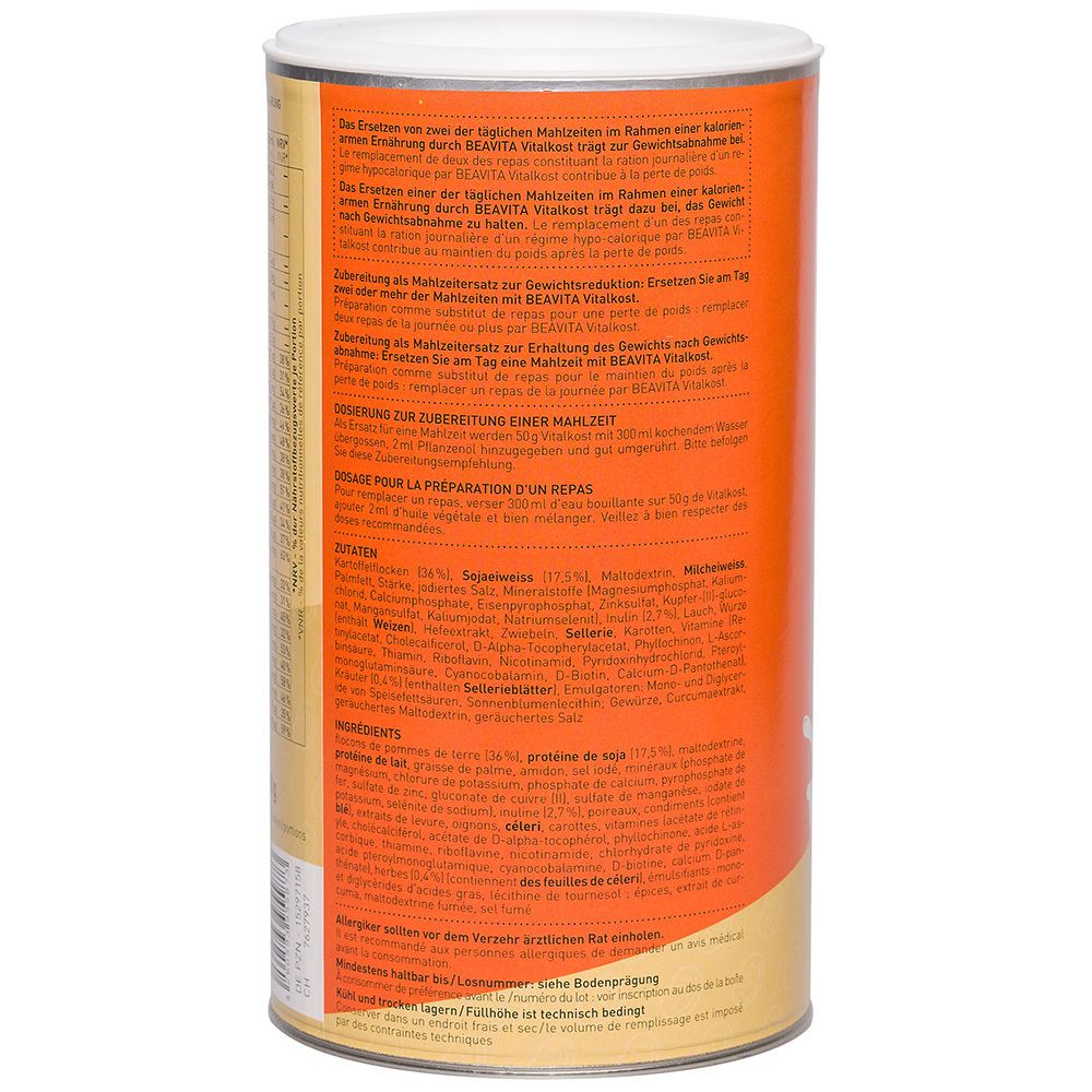 Dos de la boîte BEAVITA Vitalkost Plus Soupe de pommes de terre. Texte multilingue: préparation, ingrédients, valeurs nutritionnelles.