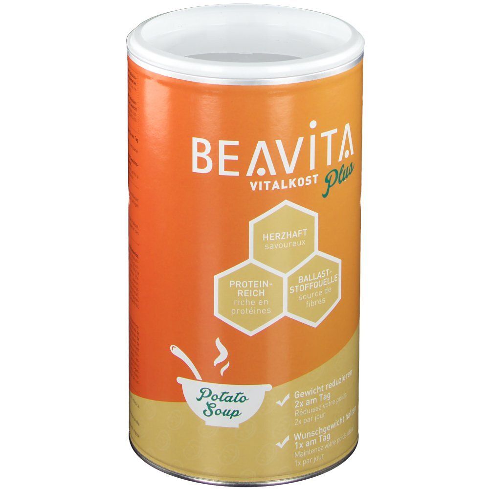 Boîte cylindrique BEAVITA Vitalkost Plus Soupe de pommes de terre. Fond orange, texte blanc. Illustration du produit.