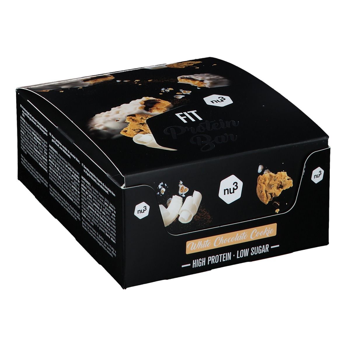 Boîte noire avec logo "FIT Protein Bar" et illustrations du produit. Texte : "White Chocolate Cookie - High Protein - Low Sugar".