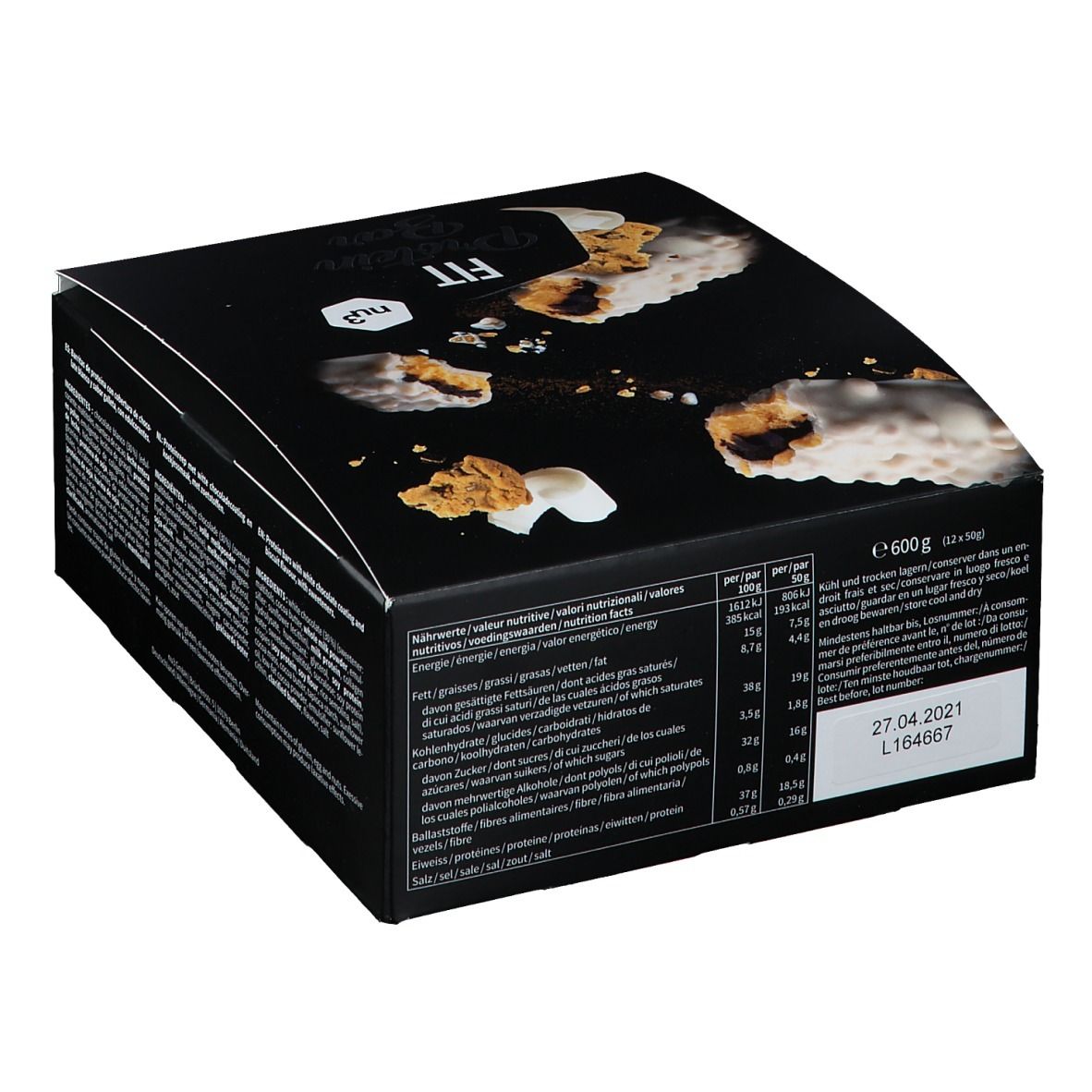 Dos de la boîte noire avec informations nutritionnelles et date de péremption. Logo "FIT Protein Bar" non visible.