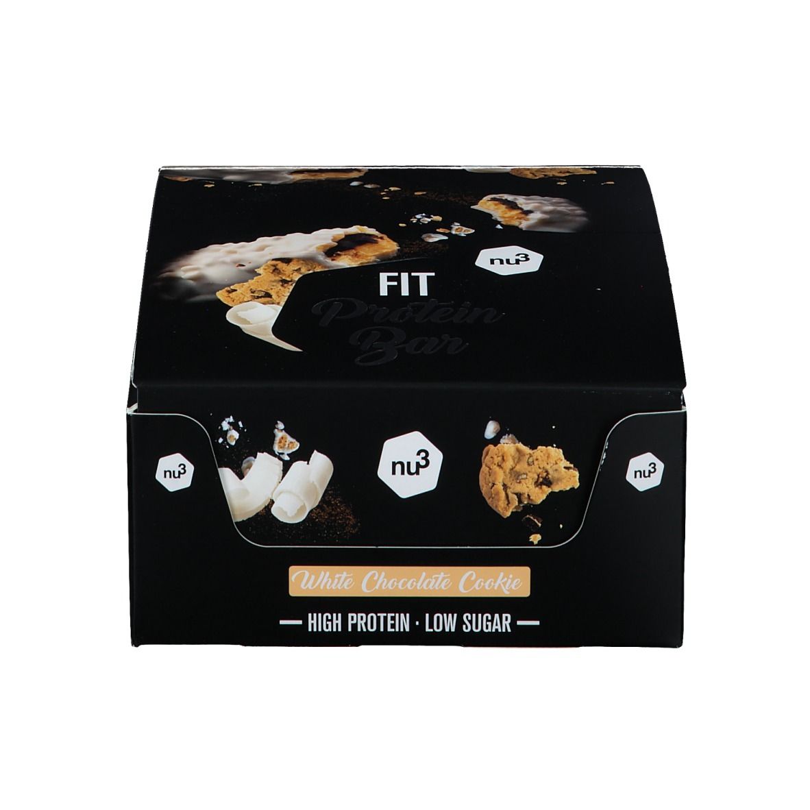 Boîte noire avec logo "FIT Protein Bar" et illustrations du produit. Texte : "White Chocolate Cookie - High Protein - Low Sugar".