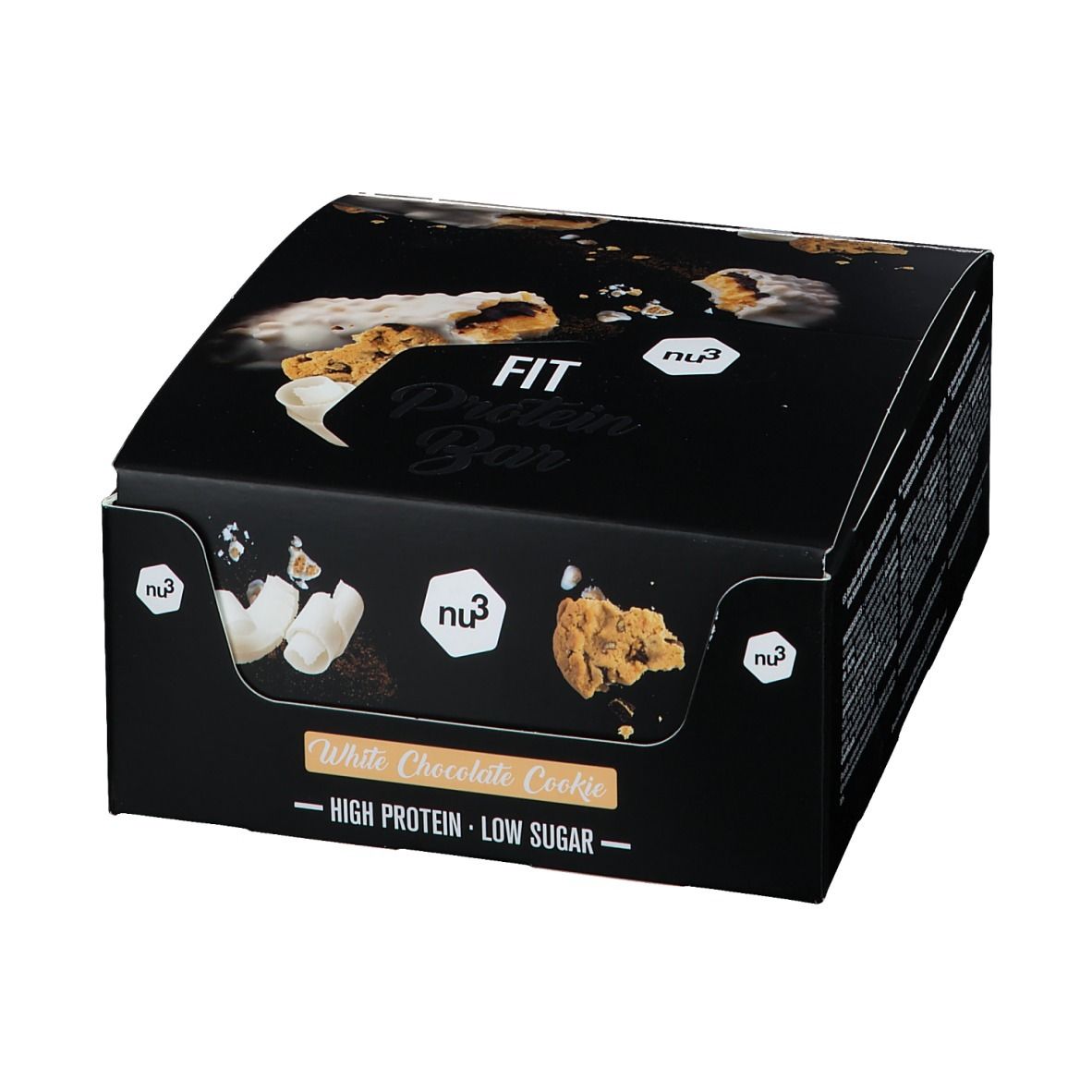 Boîte noire avec logo "FIT Protein Bar" et illustrations du produit. Texte : "White Chocolate Cookie - High Protein - Low Sugar".