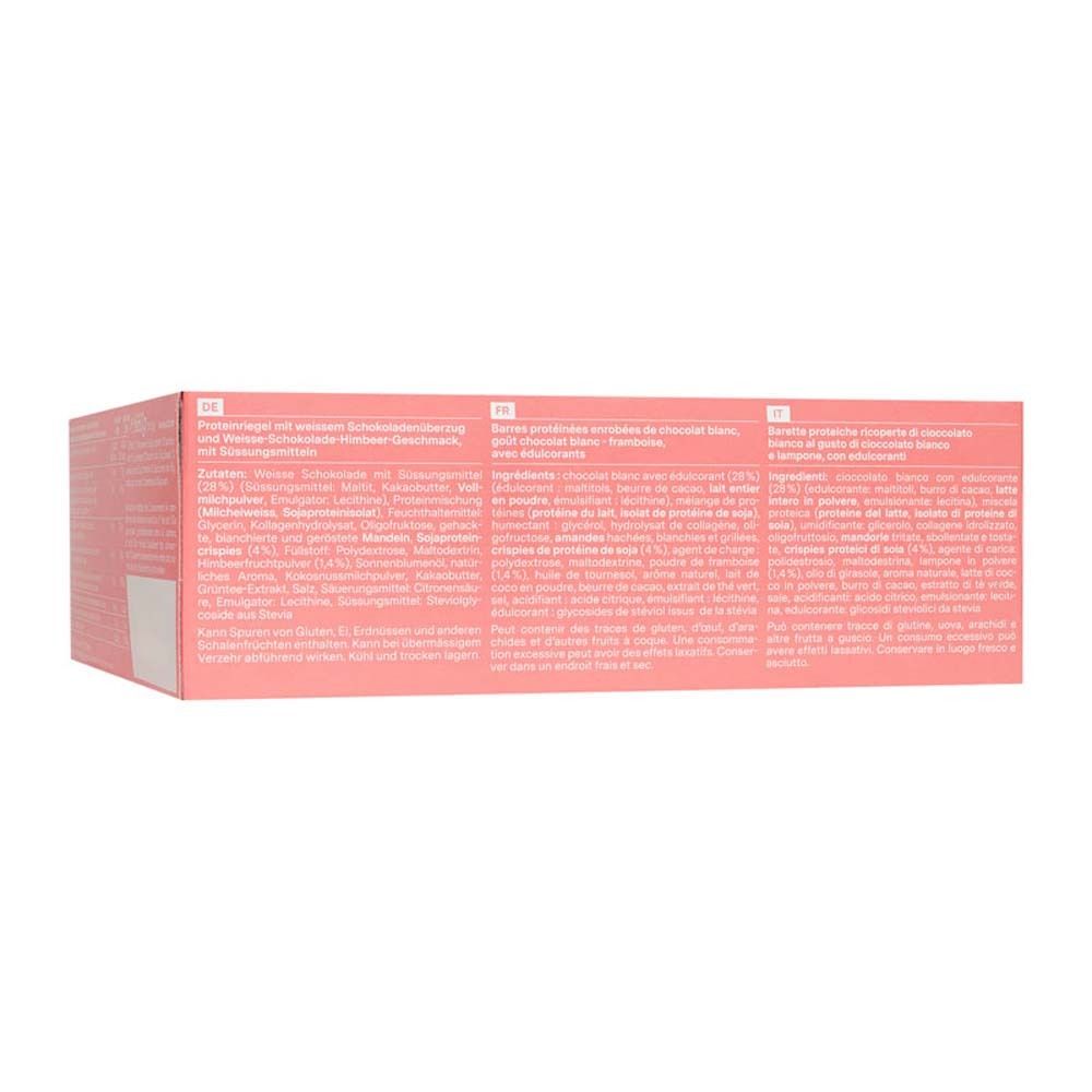 Dos de l'emballage rose avec texte. Texte en allemand, anglais et français.