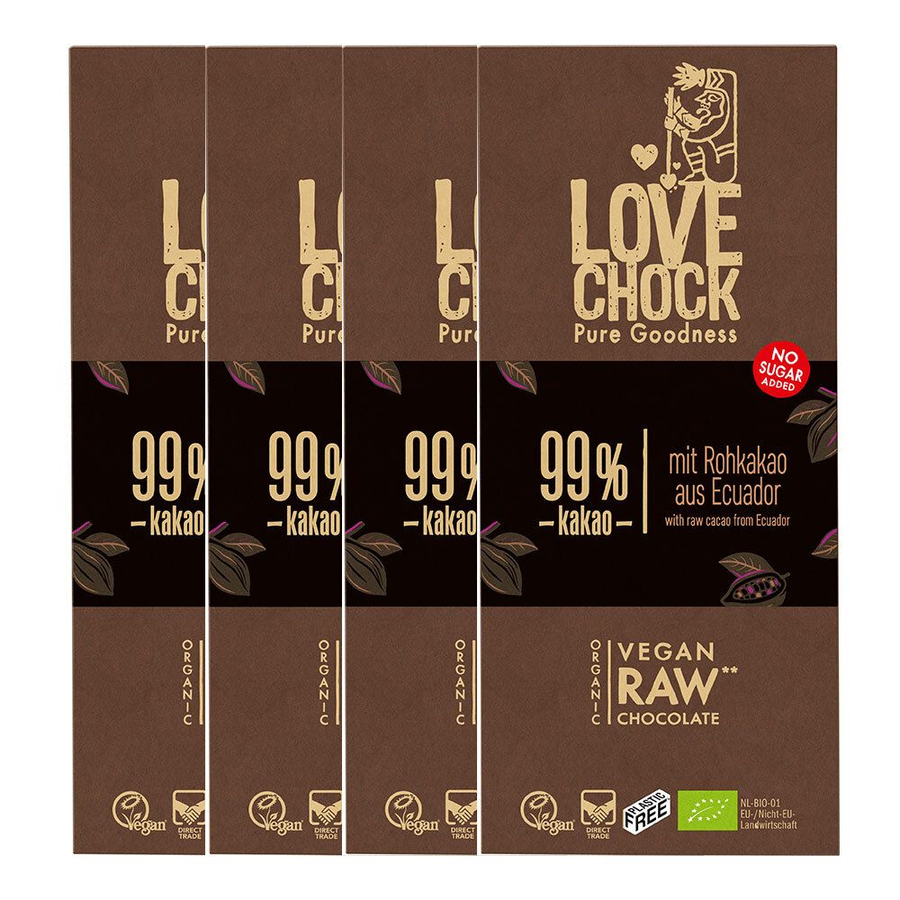 Cinq tablettes LOVECHOCK 99% cacao. Emballage marron avec logo, texte et sceaux. Vegan, cacao cru.