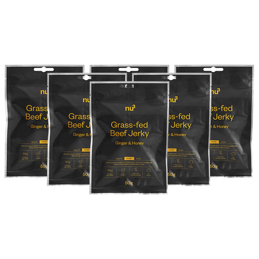 Six sachets de nu3 Beef Jerky, Gingembre et Miel. Emballage noir avec texte jaune. Inscription: Grass-fed Beef Jerky, 50g.