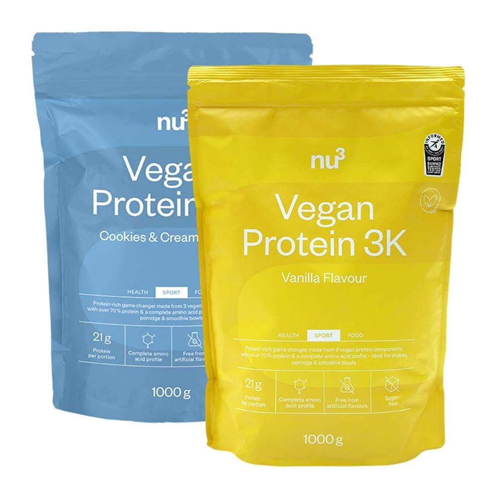 Deux sachets de nu3 Vegan Protein 3K. Cookies & Cream et Vanille. Emballages bleus et jaunes avec informations et logo.