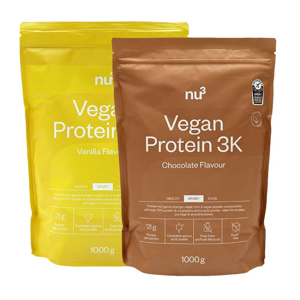 Deux sachets de Vegan Protein, jaune et marron. Inscription : Vegan Protein, saveurs vanille et chocolat. 1000g.