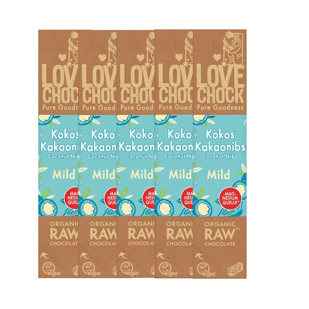 Plusieurs barres de chocolat LOVECHOCK Kokos Kakaonibs Mild. Emballage avec label bio.