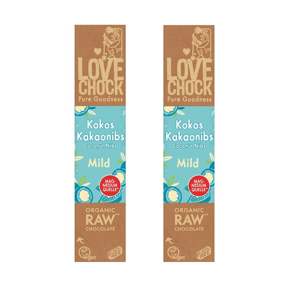 Deux barres LOVECHOCK Kokos Kakaonibs Mild. Emballage marron et bleu, avec mentions "vegan" et "RAW".