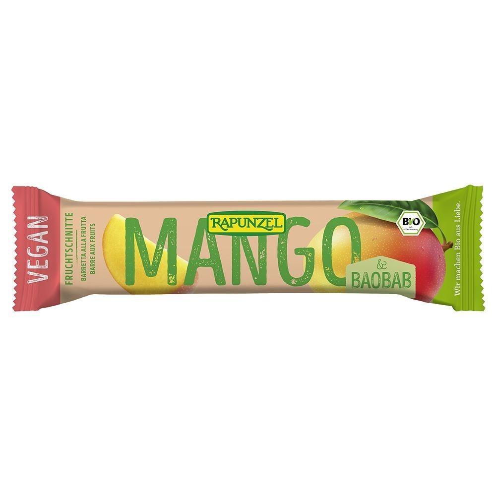 Emballage de barre de fruits à la mangue et au baobab. Inscription : RAPUNZEL MANGO & BAOBAB, BIO, VEGAN. Emballage vert-brun avec illustration de fruits.