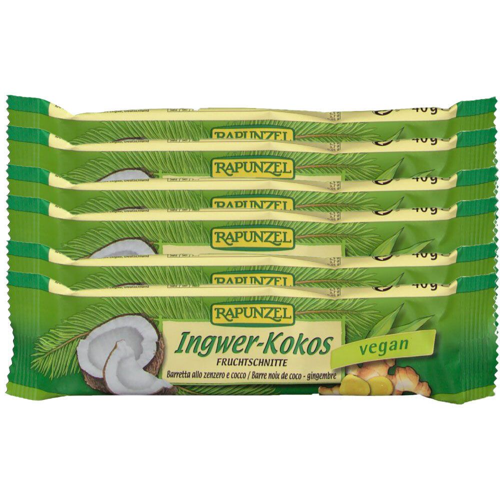 Plusieurs barres emballées. Inscription : RAPUNZEL Ingwer-Kokos Fruchtschnitte. Vegan. Illustration de noix de coco et de gingembre.