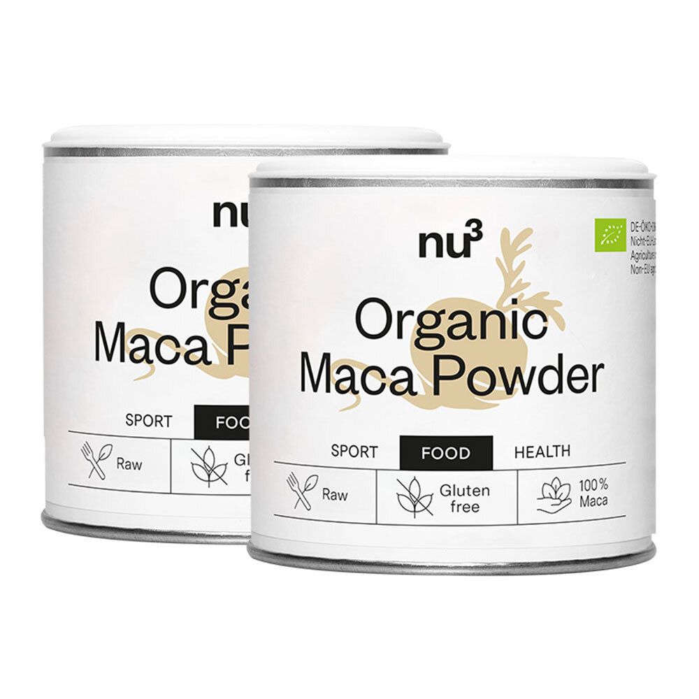 Deux boîtes de "nu3 Organic Maca Powder". Inscription : "Organic Maca Powder", "Sport", "Food", "Health", "Gluten free", label bio.