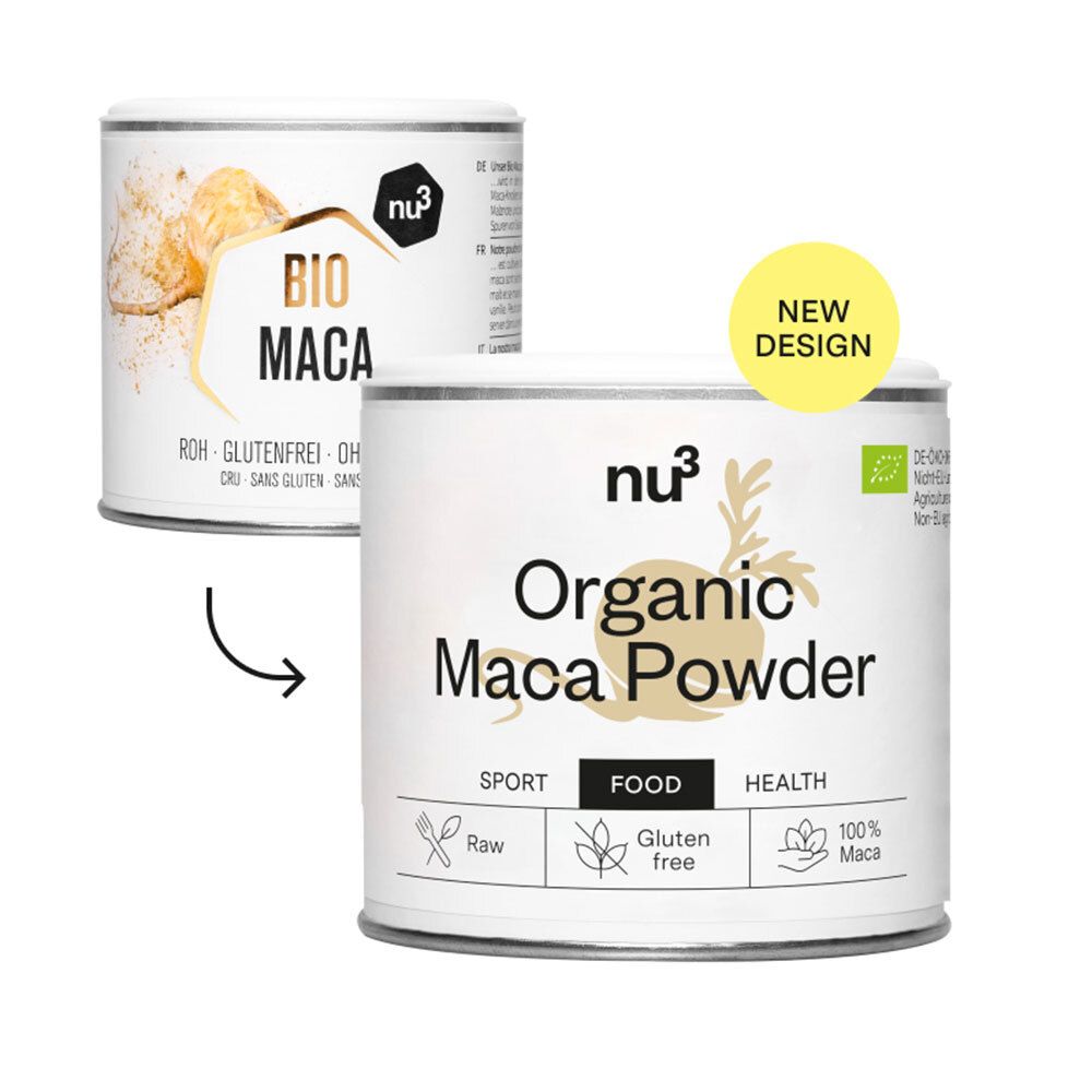 Boîte "nu3 Organic Maca Powder" avec étiquette. Inscription : "Organic Maca Powder", "Sport", "Food", "Health", "Gluten free", label bio. À côté, boîte "BIO MACA".
