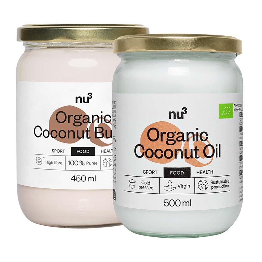 Deux pots de nu3 Bio Kokosöl et Kokosmus. Inscription : Organic Coconut Oil, Organic Coconut Butter. Avec label bio.