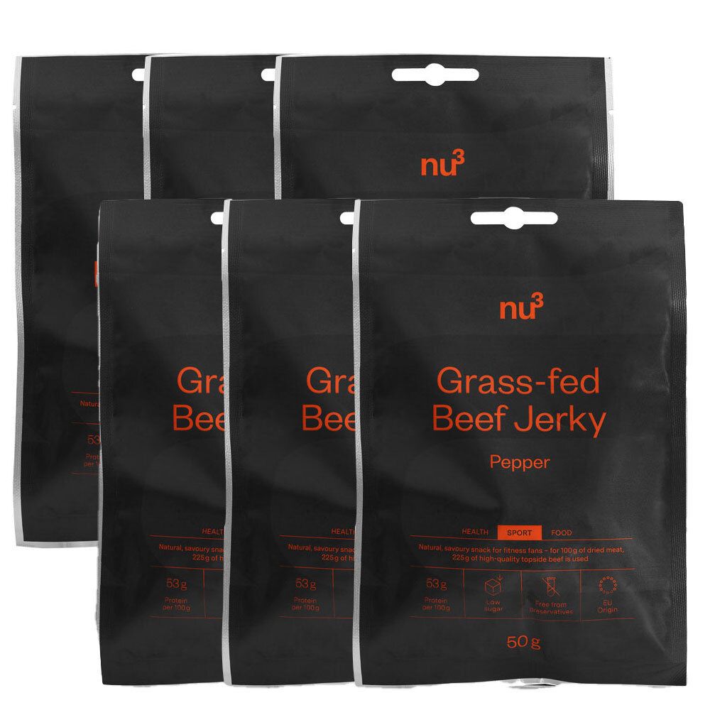 Plusieurs sachets de nu3 Grass-fed Beef Jerky, Pepper. Emballage noir avec texte rouge. Inscription : 50g.