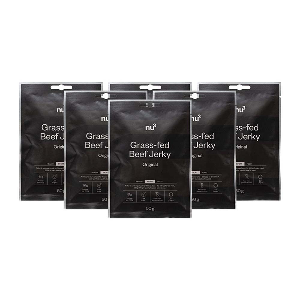 Plusieurs sachets de Beef Jerky Original. Emballage noir avec texte blanc et informations produit.