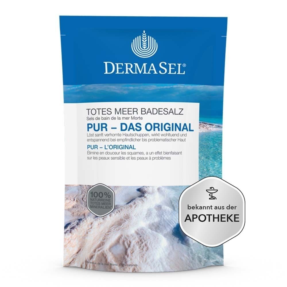Sachet de sels de bain de la mer Morte DERMASEL. Texte : PUR - L'ORIGINAL. Logo : connu en pharmacie. 100% minéraux de la mer Morte.
