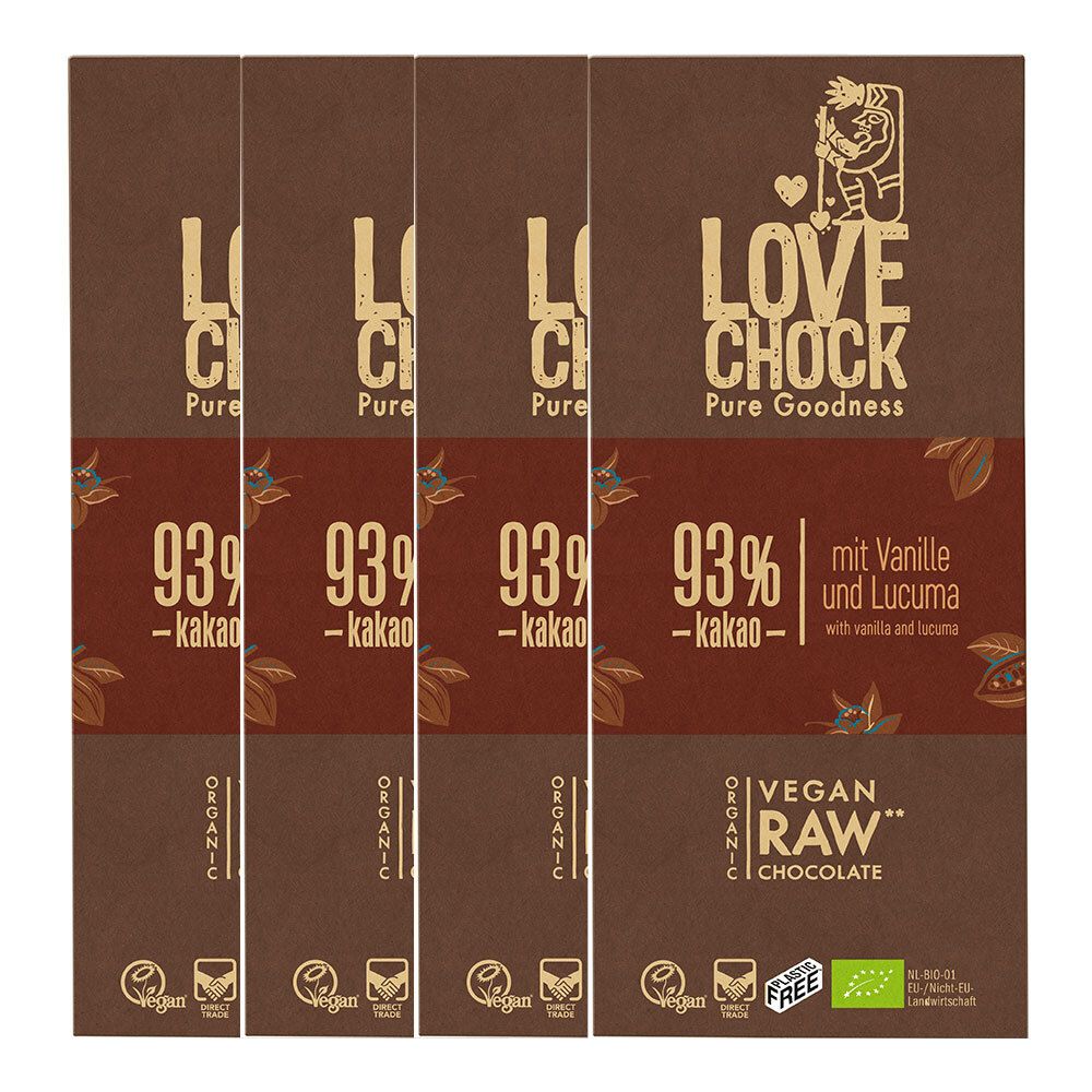 Plusieurs tablettes de chocolat LOVECHOCK, 93% cacao, vegan, label bio.
