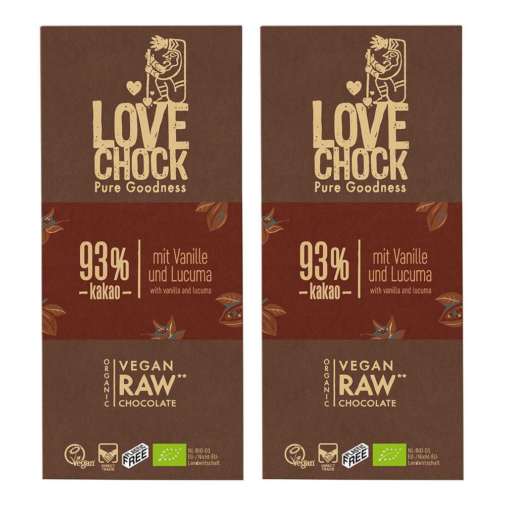Deux tablettes de chocolat LOVECHOCK. Inscription : 93% cacao, vanille et lucuma. Vegan, cru. Label bio.