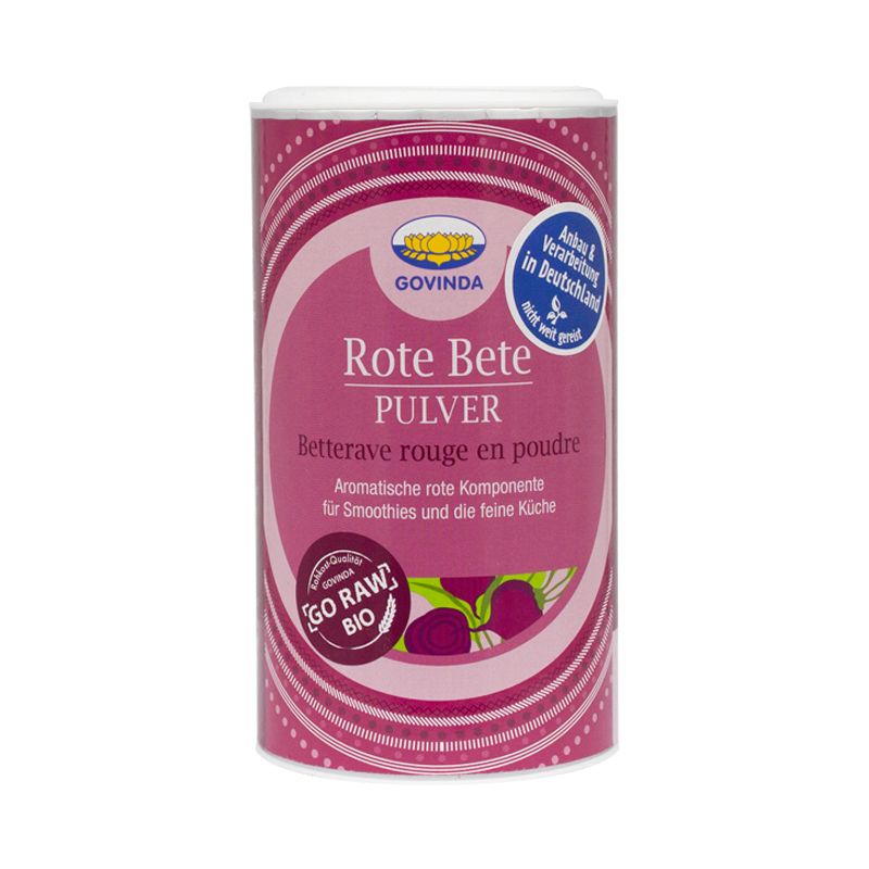 Boîte cylindrique avec l'inscription "Rote Bete Pulver". Logo et texte en allemand et français. Label bio.