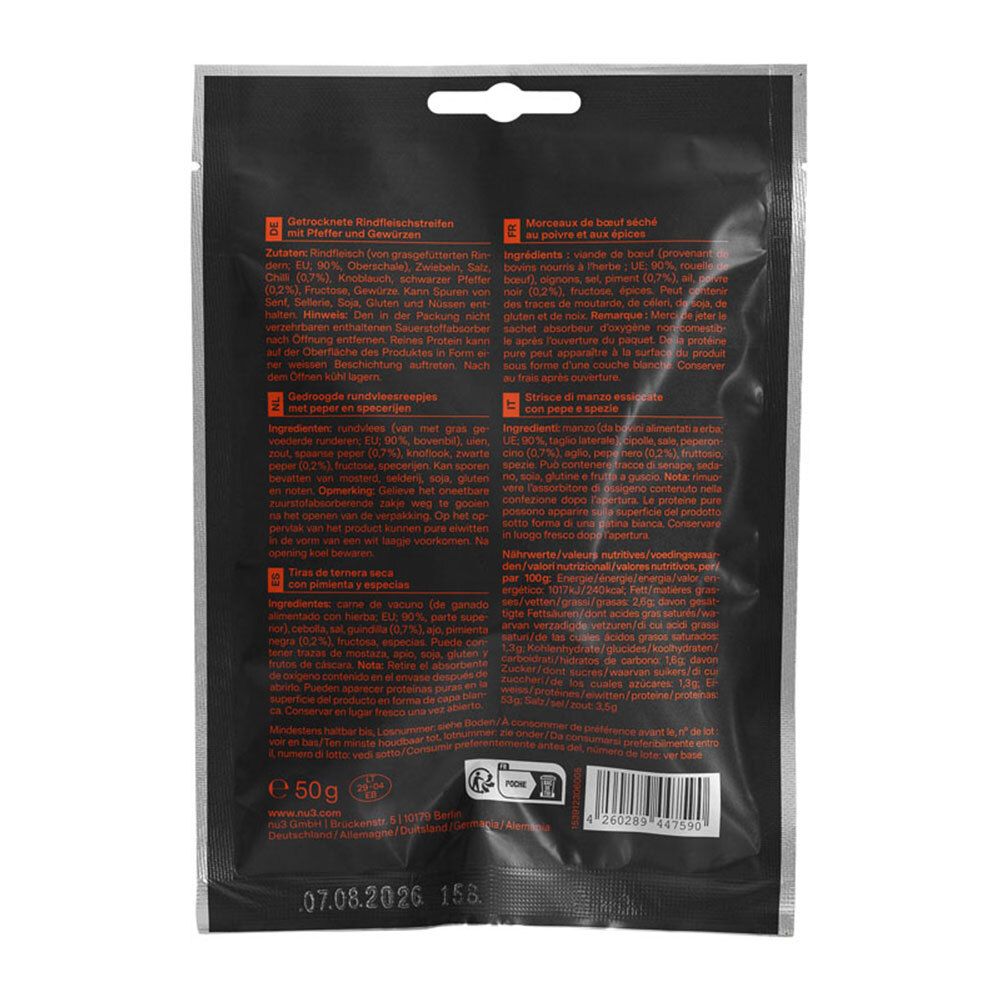 Dos d'un emballage de nu3 Beef Jerky Pfeffer. Texte en plusieurs langues. Contient la liste des ingrédients et les informations nutritionnelles.