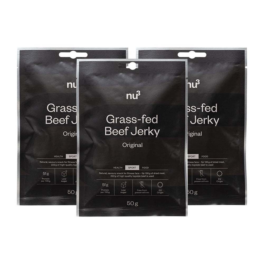 Trois sachets de Beef Jerky Original. Emballage noir, logo et informations produit. 50g.