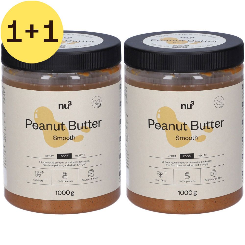 Deux pots de beurre de cacahuète smooth nu3. Couvercles noirs, étiquettes blanches. 1000g. Vegan.