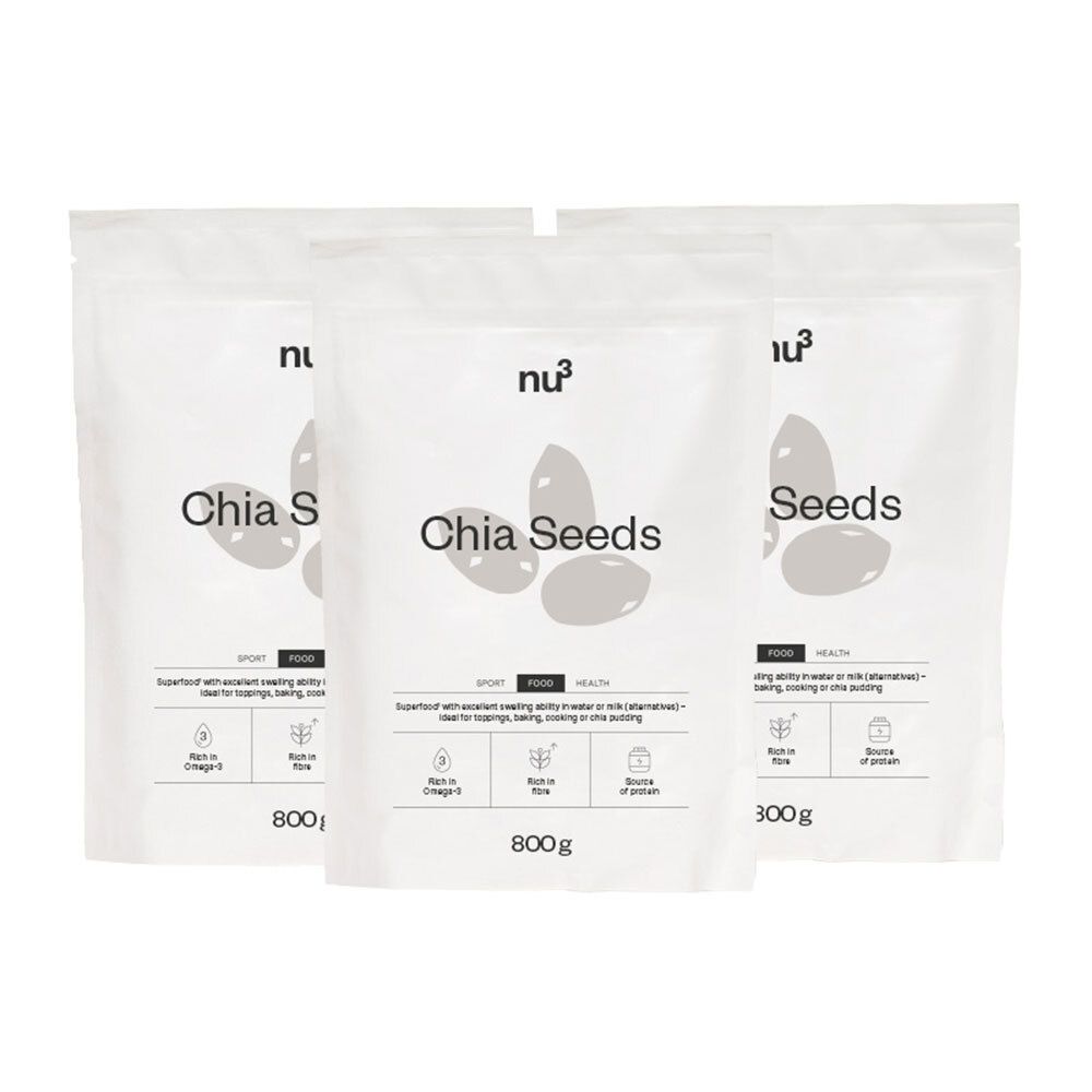 Trois sachets de graines de chia nu3. Emballage blanc avec nom et logo du produit. 800g par sachet.