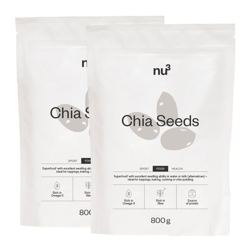 Deux paquets de graines de chia nu3. Emballage blanc avec nom et logo du produit. Paquet de 800g.