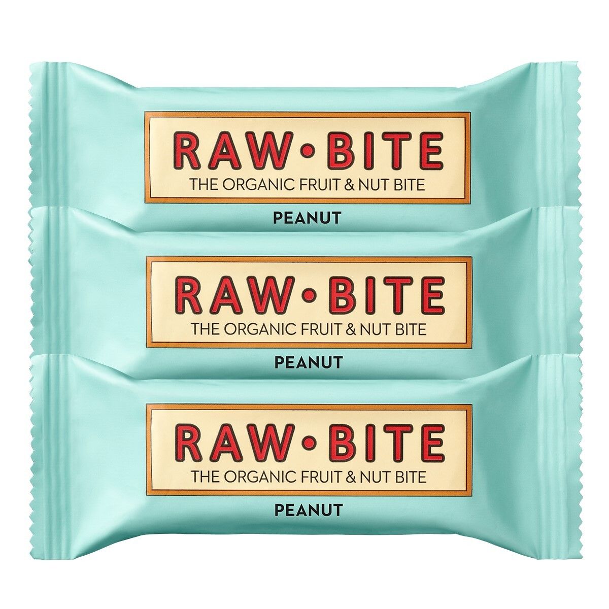 Trois barres emballées. Inscription : RAW BITE, THE ORGANIC FRUIT & NUT BITE, PEANUT. Emballage bleu clair.