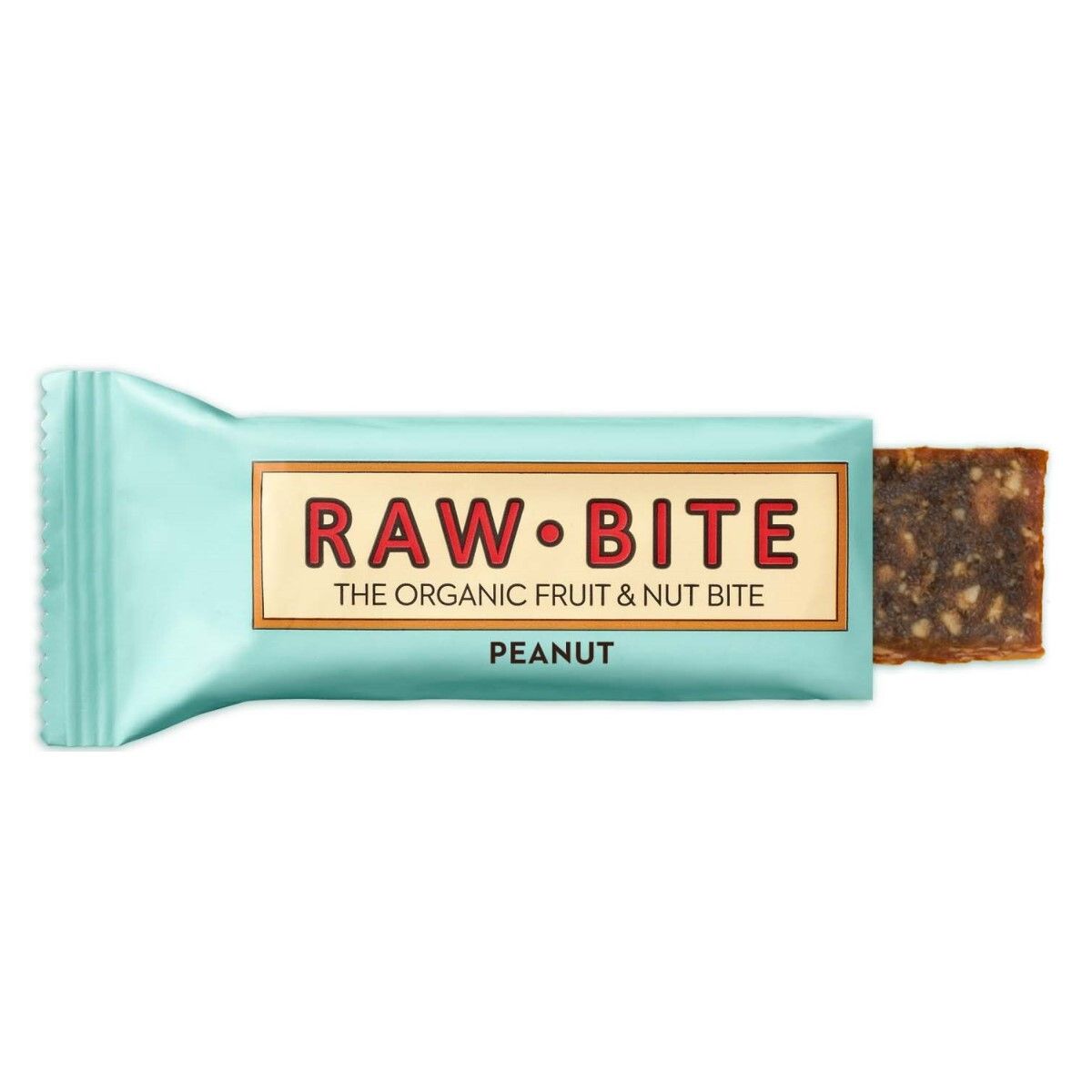 Barre emballée et coupe. Inscription : RAW BITE, THE ORGANIC FRUIT & NUT BITE, PEANUT. Emballage bleu clair.