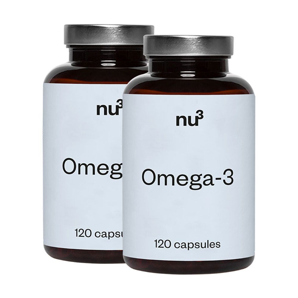 Deux flacons bruns avec étiquettes blanches. Inscription : nu3 Omega-3, 120 capsules.