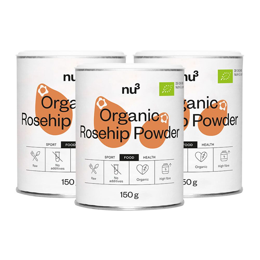 Trois boîtes de poudre de cynorrhodon nu3. Boîtes blanches avec étiquette orange, nom du produit et label bio.