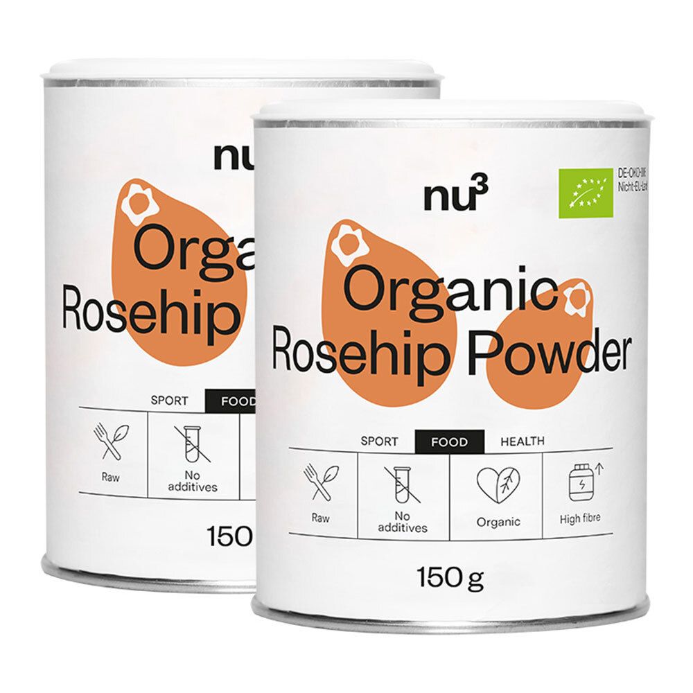 Deux boîtes de poudre de cynorrhodon nu3. Boîtes blanches avec étiquette orange. Inscription : Organic Rosehip Powder, 150g. Label bio.
