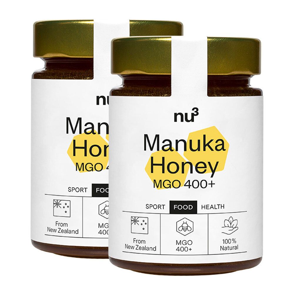 Deux pots de miel avec étiquette 'Manuka Honey MGO 400+'. Logos: Sport, Food, Health, de Nouvelle-Zélande, MGO 400+, 100% naturel.