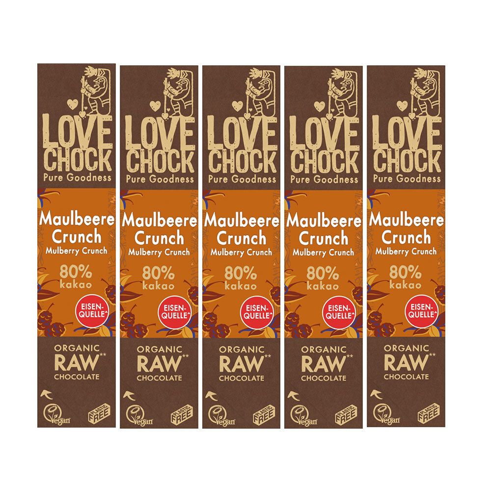 Cinq barres de chocolat LOVECHOCK Maulbeere Crunch 80% Kakao. Inscription : Organic Raw Chocolate, Eisenquelle, Vegan.