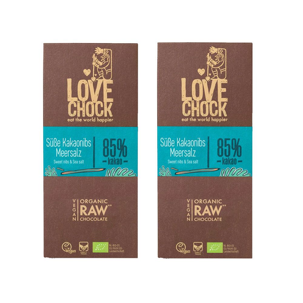 Deux tablettes de chocolat LOVECHOCK. Inscription : Süße Kakaonibs & Meersalz, 85% Kakao. Label bio.