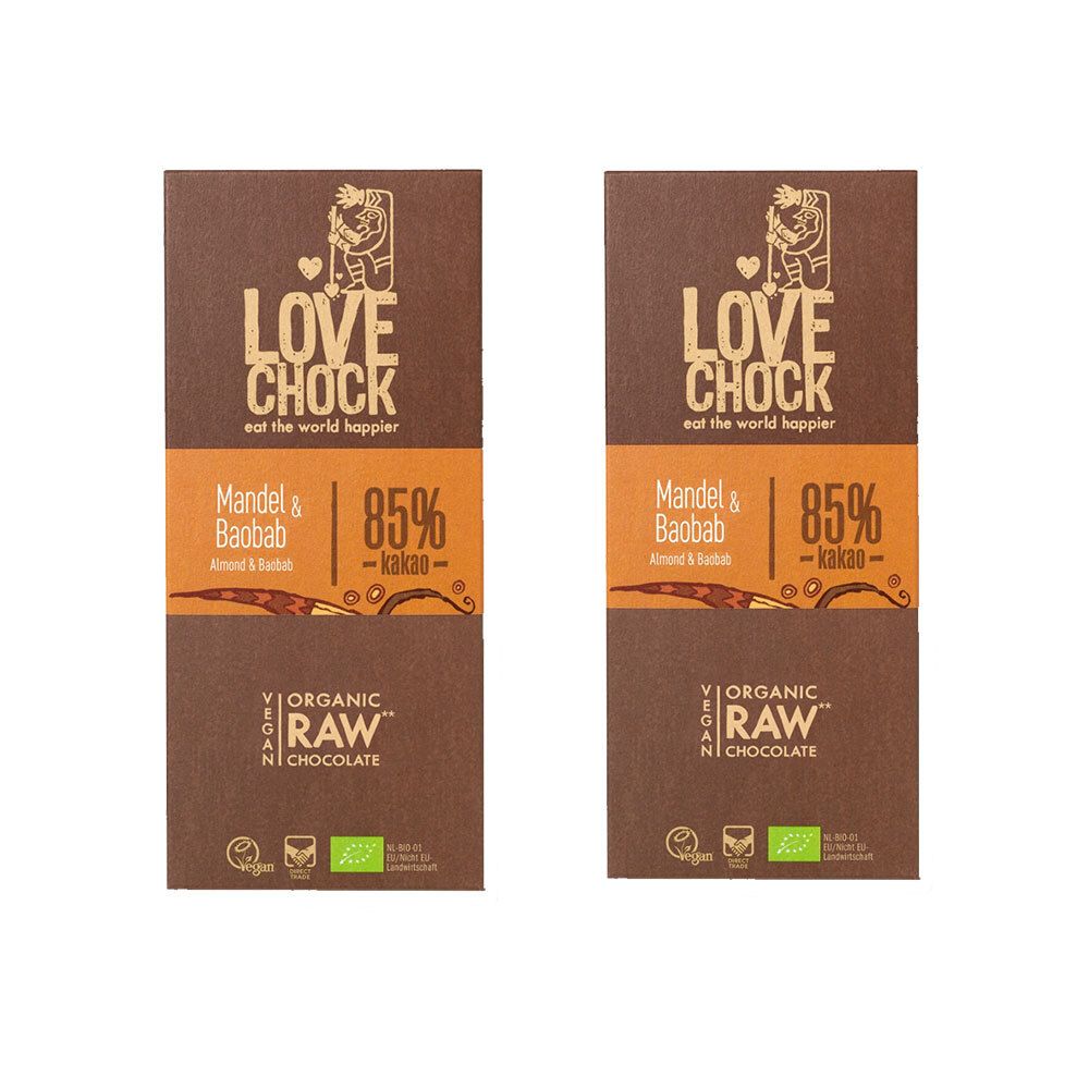 Deux tablettes de chocolat LOVECHOCK, Mandel & Baobabfrucht, 85% cacao. Vegan, label bio.