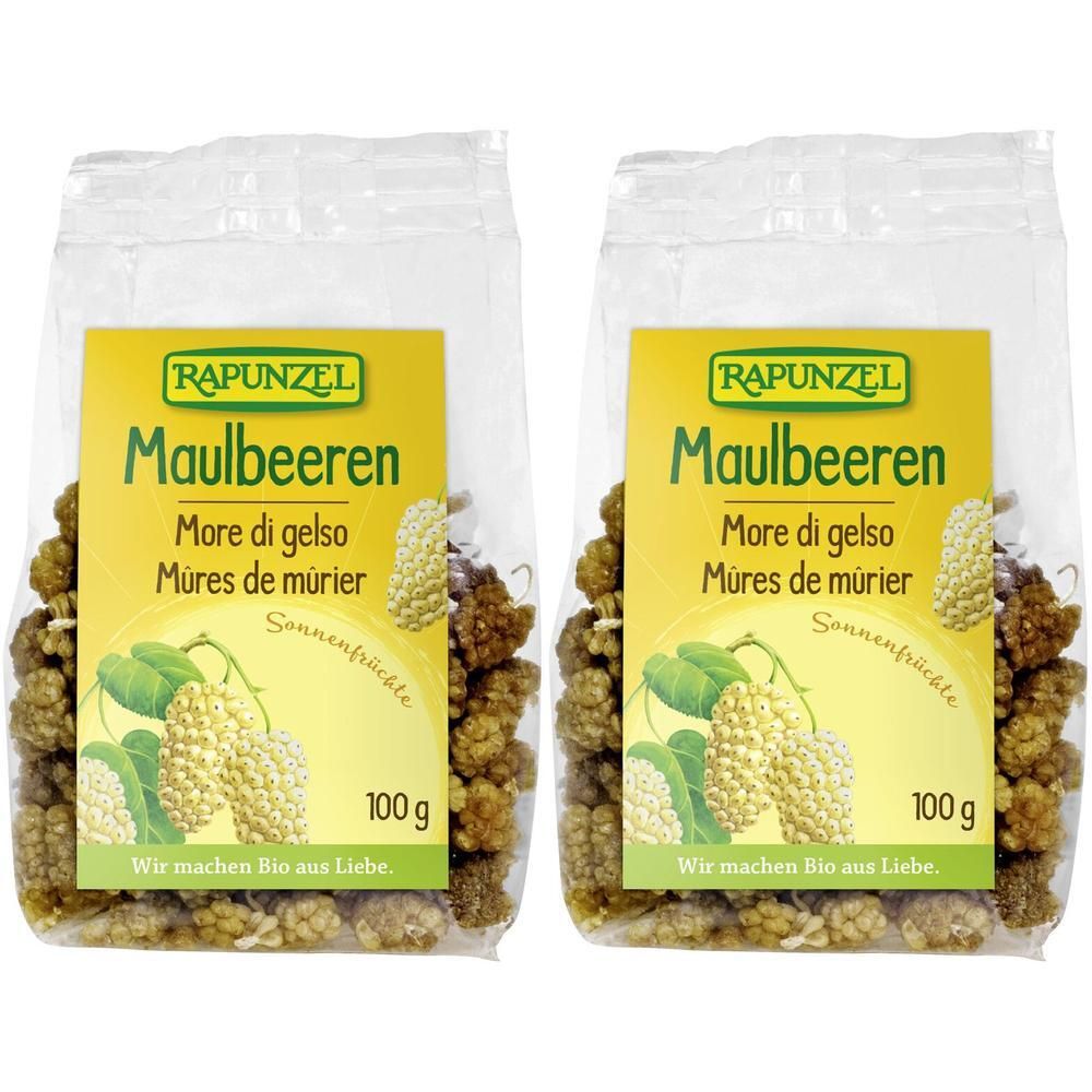 Deux sachets de mûres. Étiquette jaune avec nom et logo du produit. Indication 100g.
