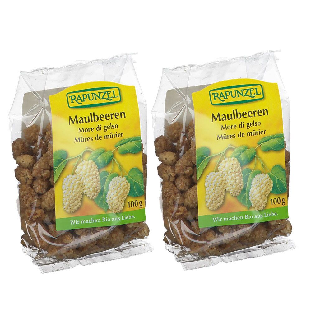 Deux sachets transparents de mûres. L'étiquette jaune indique "RAPUNZEL Maulbeeren", suivi de "More di gelso" et "Müres de mürier". Poids : 100g.